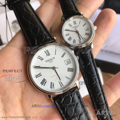 Perfect Replica Tissot T52 White Dial Black Leather Strap Quartz Couple Watch